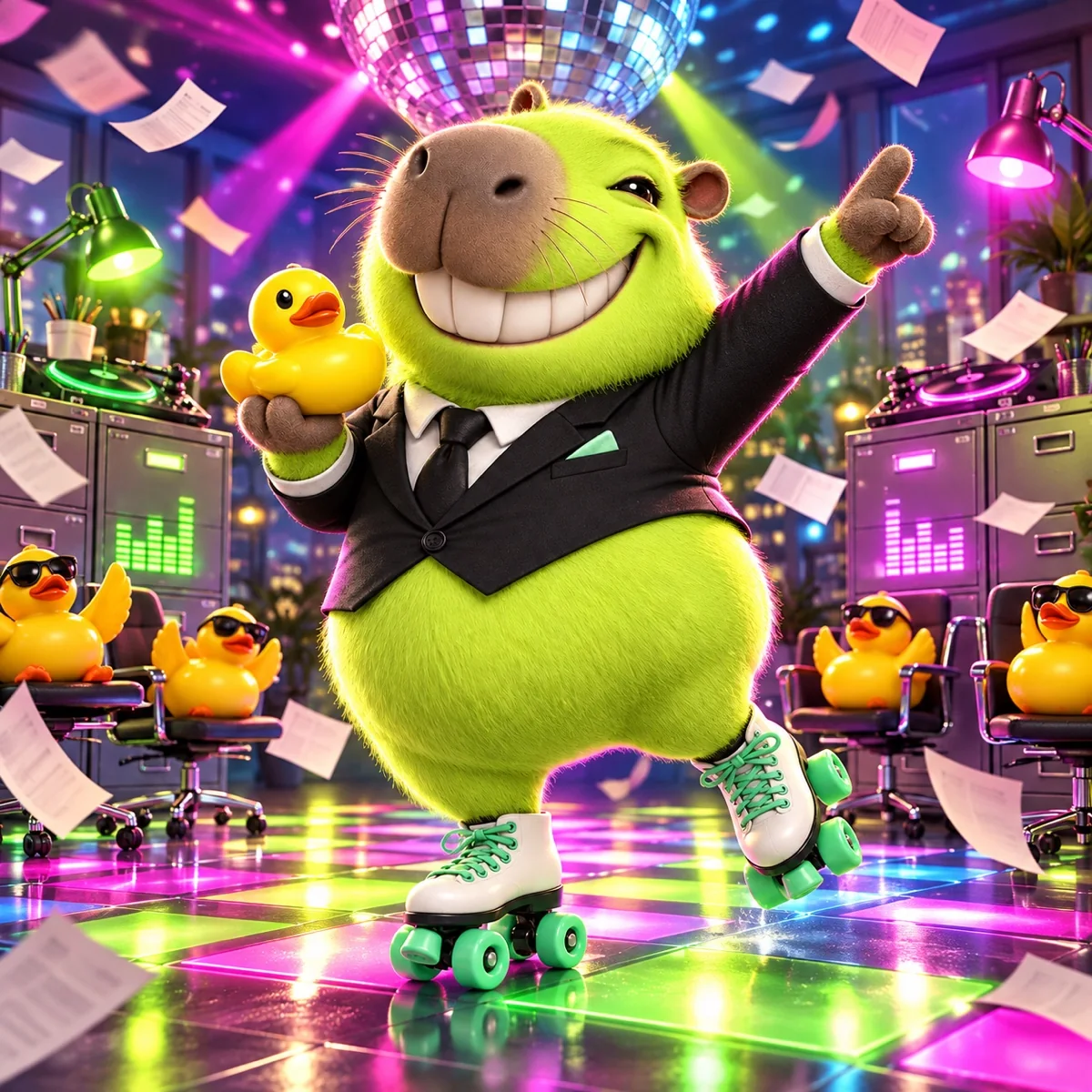 PIPKA roller-skating through a vivid office disco