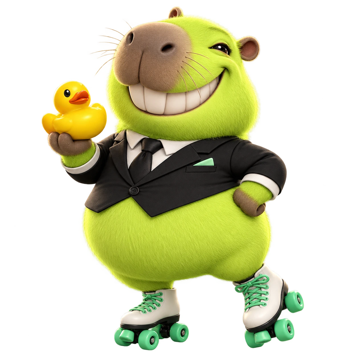 A ridiculous neon green PIPKA mascot in a tiny suit and roller skates